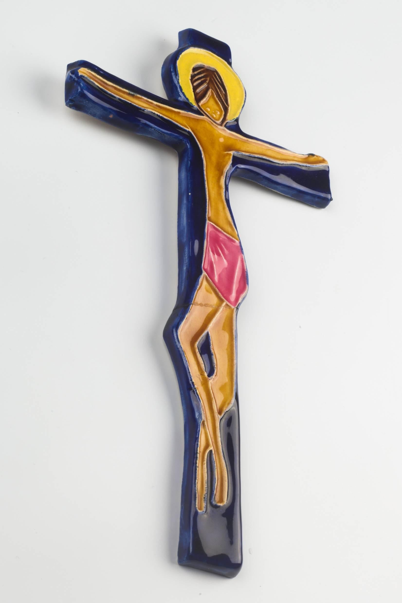 Post-Modern Wall Cross, Blue, Pink Yellow Painted Ceramic, Handmade in Belgium, 1960s For Sale