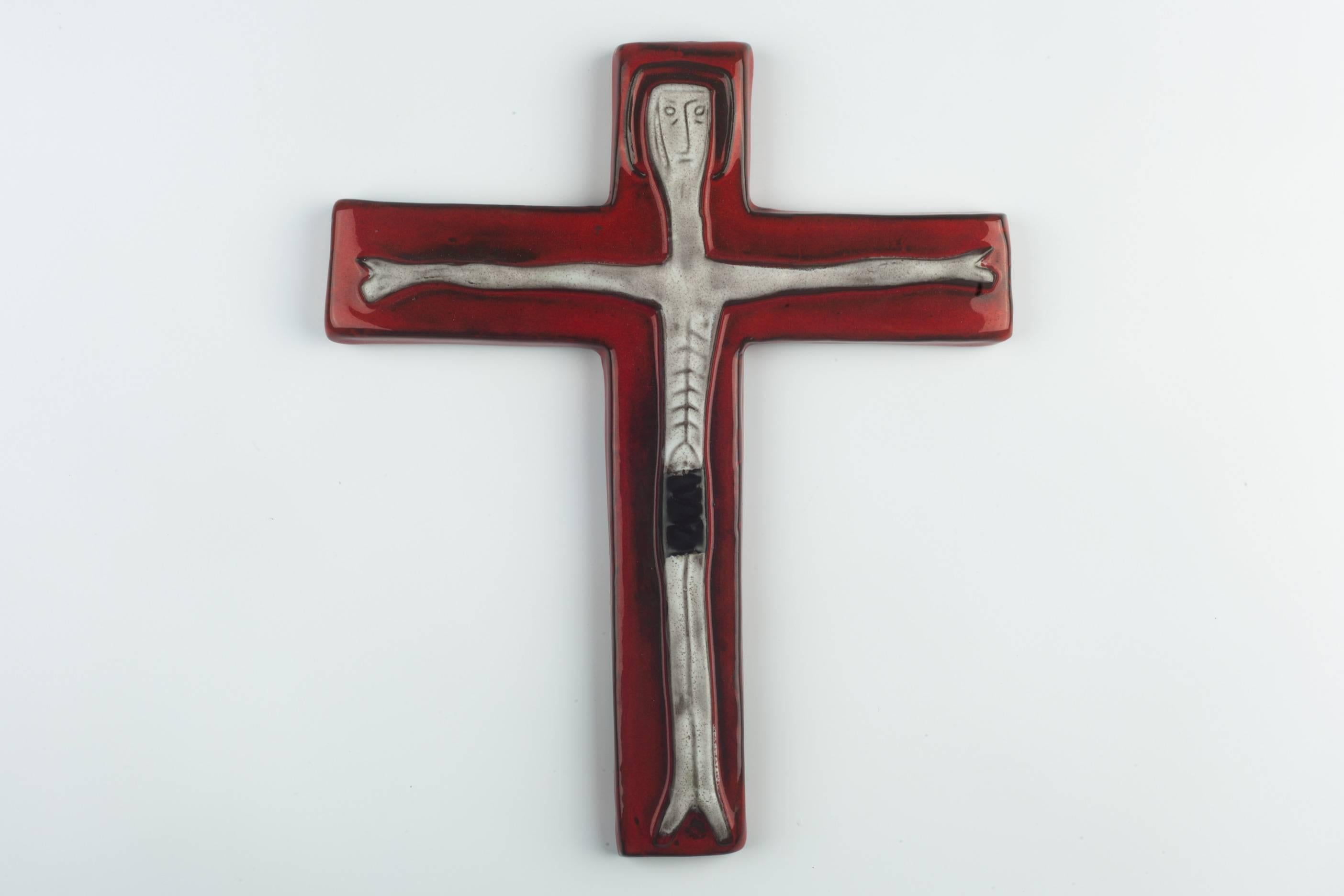 Modern Wall Cross, Red, White, Black Painted Ceramic, Handmade in Belgium, 1970s