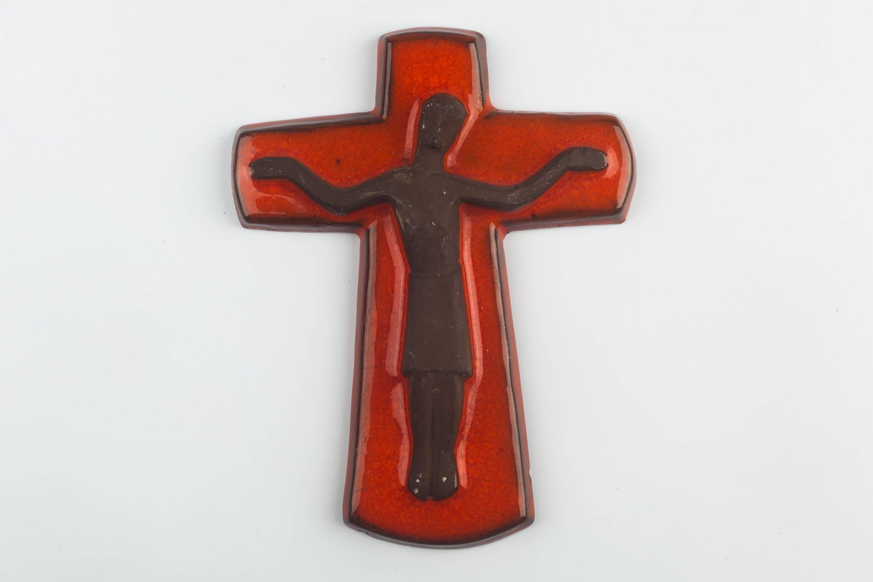 Belgian Wall Cross, Brown and Orange Painted Ceramic, Handmade in Belgium, 1960s For Sale