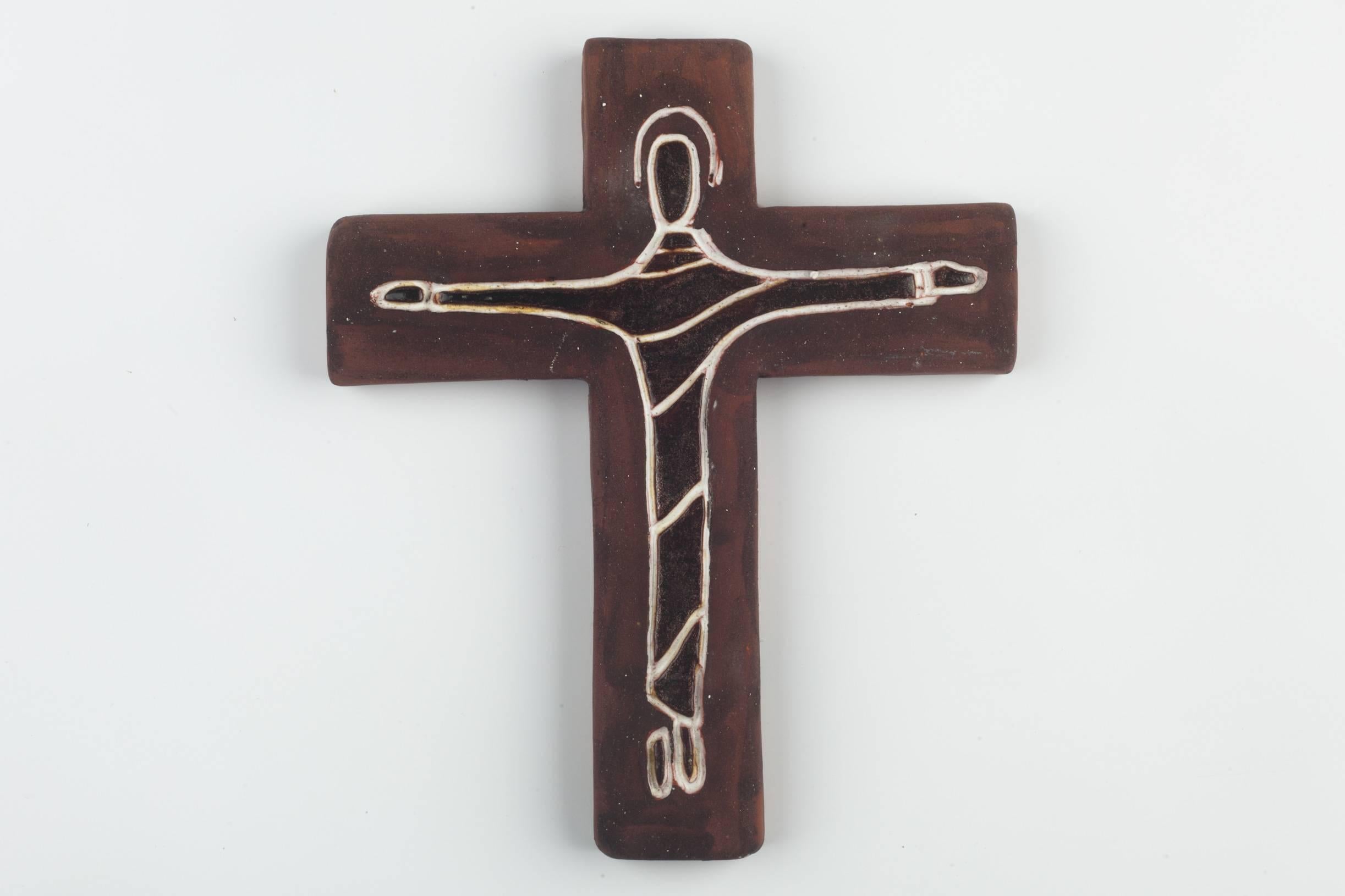 Belgian Wall Cross, Brown and White Painted Ceramic, Handmade in Belgium, 1970s