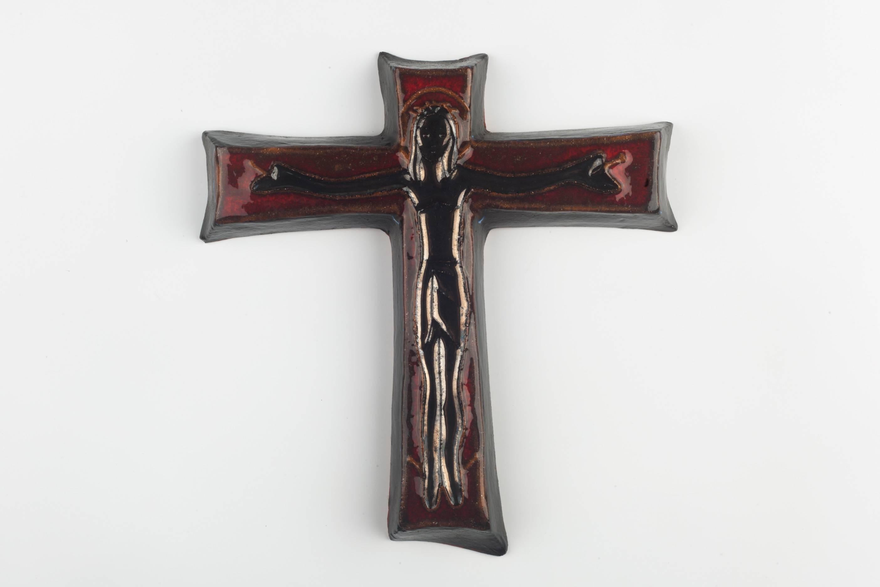 Gothic Wall Cross, Dark Red and Black Painted Ceramic, Handmade in Belgium, 1970s For Sale