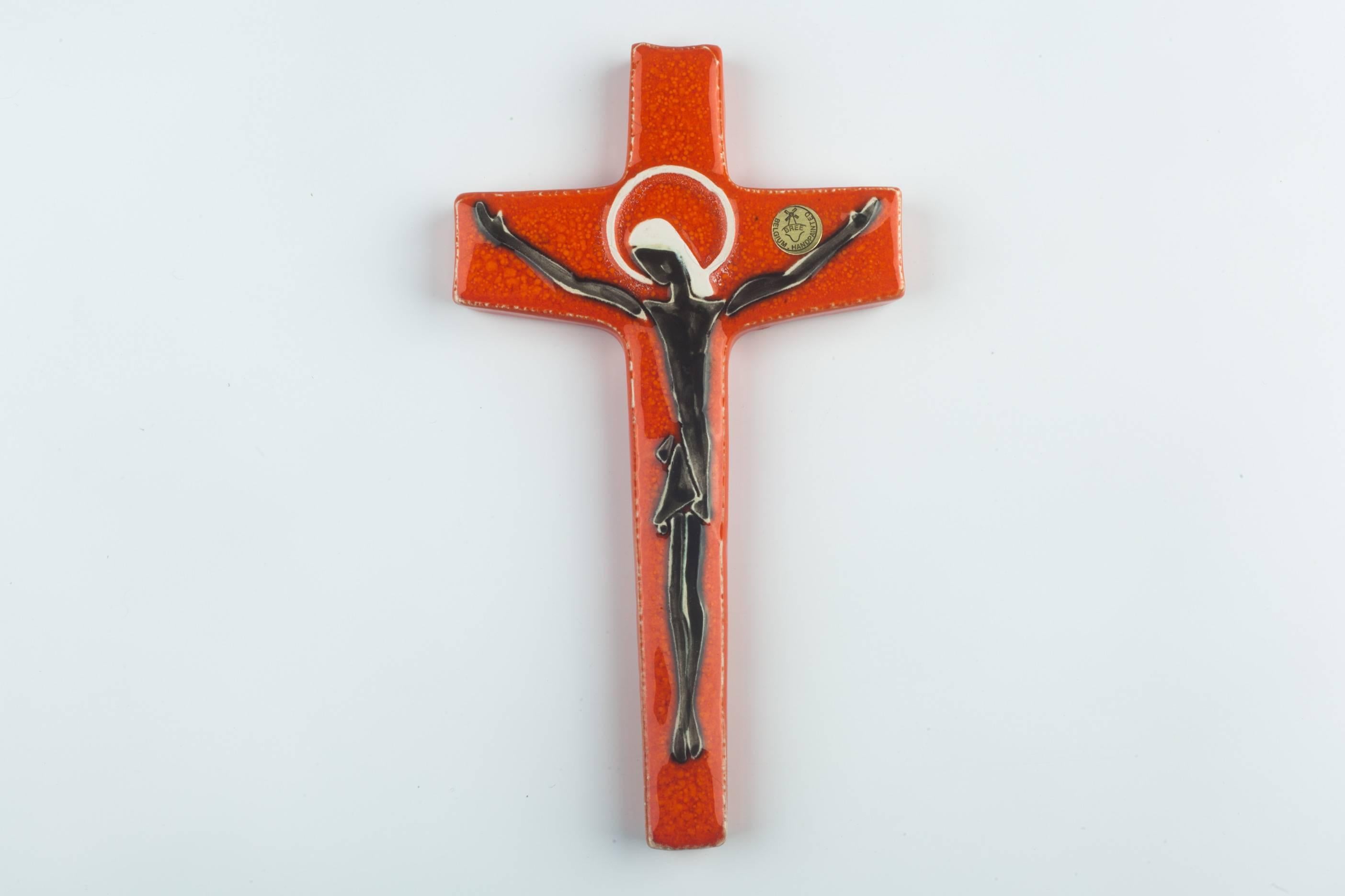 Belgian Wall Cross, Orange, Painted Ceramic, Handmade in Belgium, 1960s For Sale