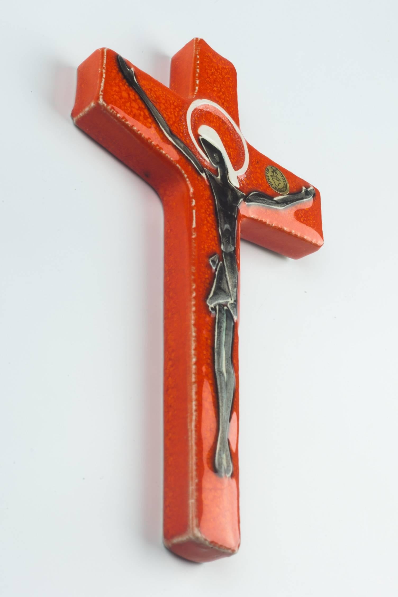 Mid-Century Modern Wall Cross, Orange, Painted Ceramic, Handmade in Belgium, 1960s For Sale