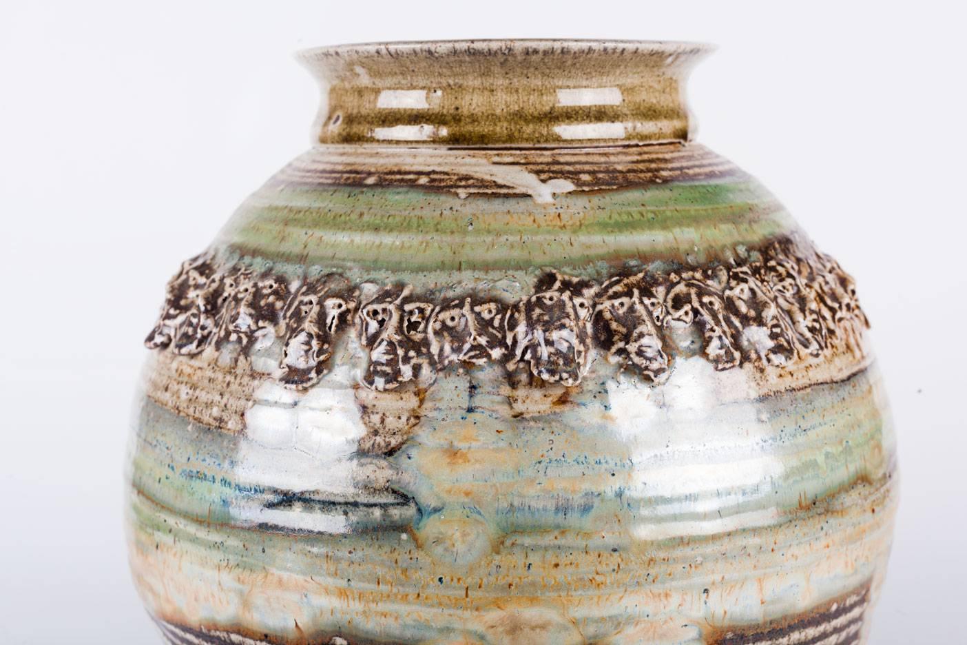 American Craftsman Raku Vessel by Phil Mundt, Hearth Tones and Green Blue, Faces Crown Detail, 1970
