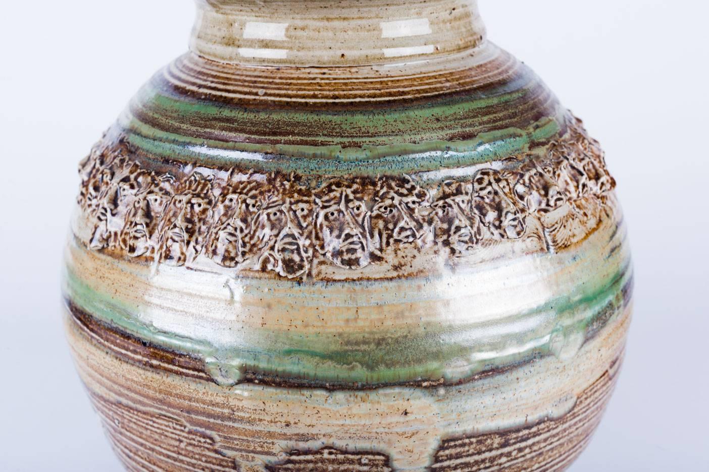 American Raku Vessel by Phil Mundt, Hearth Tones and Green Blue, Faces Crown Detail, 1970