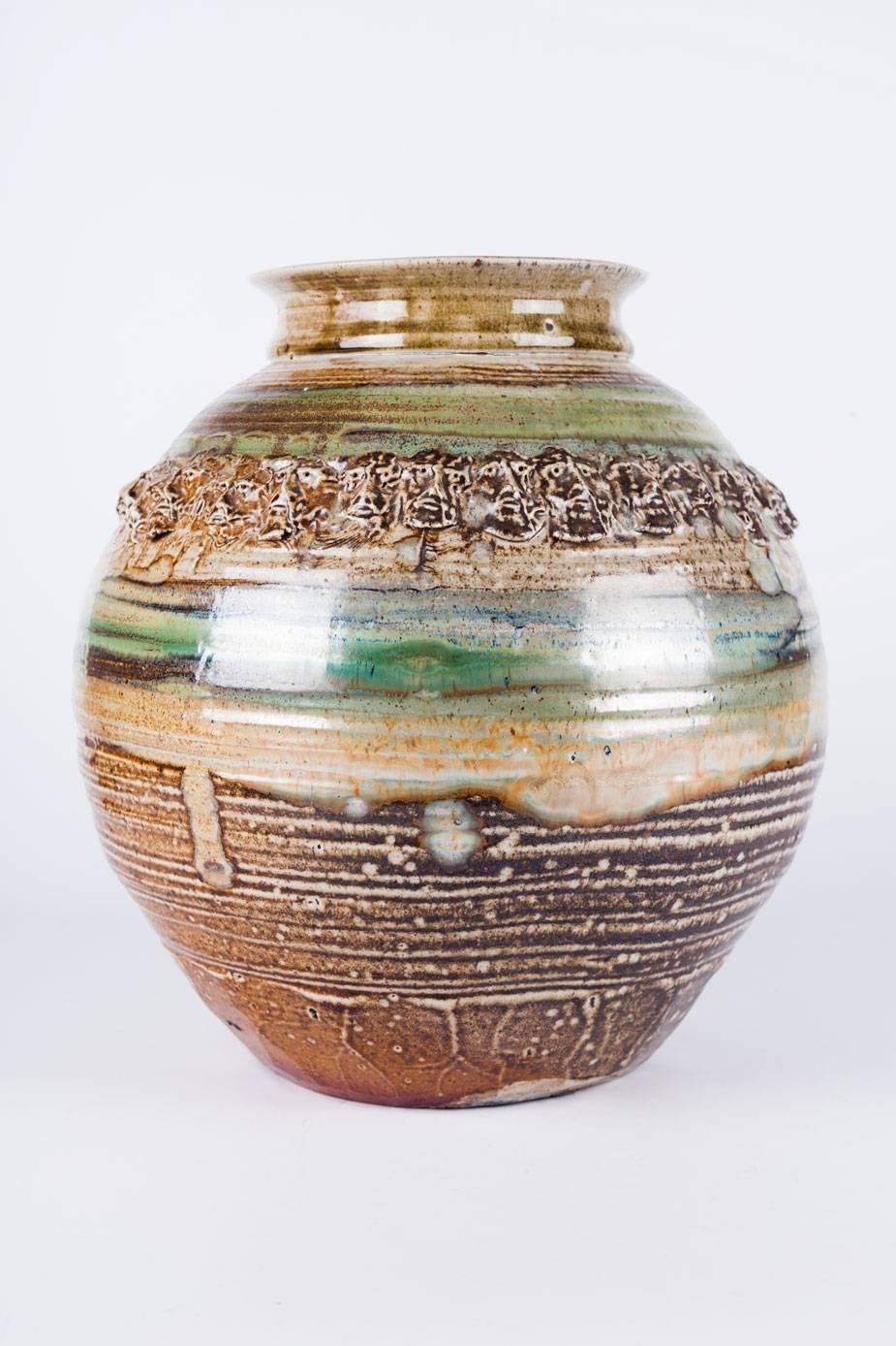 Clay Raku Vessel by Phil Mundt, Hearth Tones and Green Blue, Faces Crown Detail, 1970