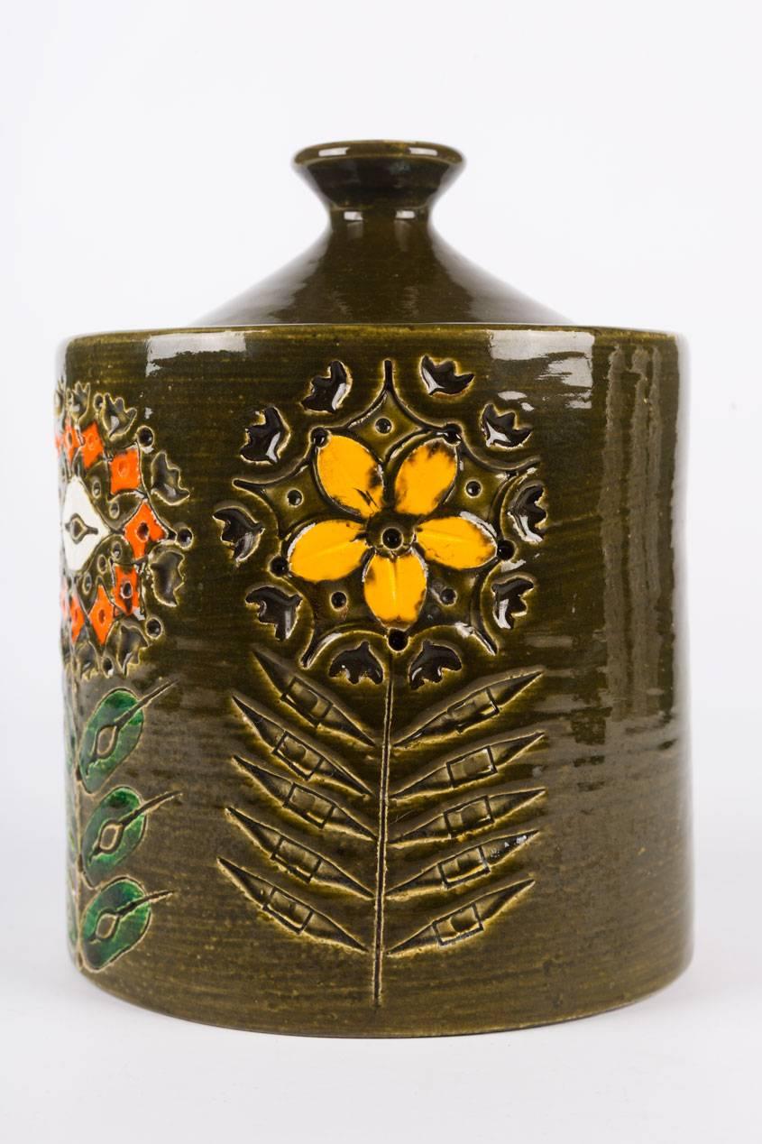 Mid-20th Century Italian Pottery Cookie Jar with Embossed Flowers by Bitossi, Dark Brown, 1950s