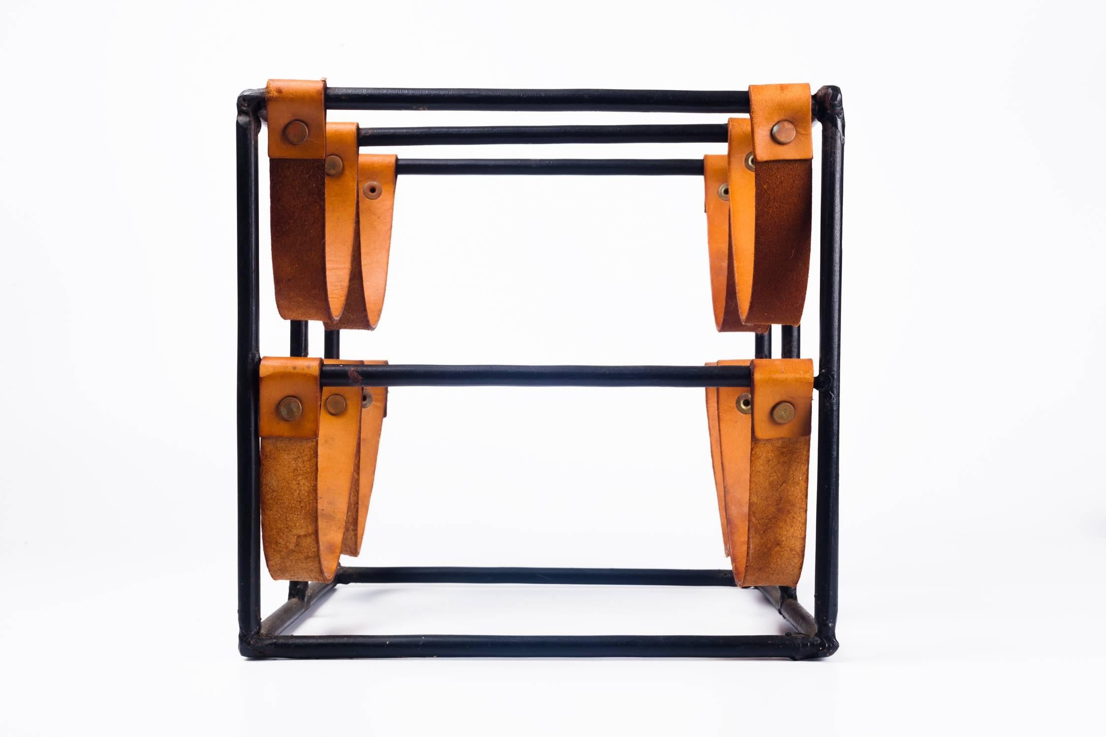 American Vintage Wine Rack by Arthur Umanoff for Raymor in Leather Straps and Iron, 1950s
