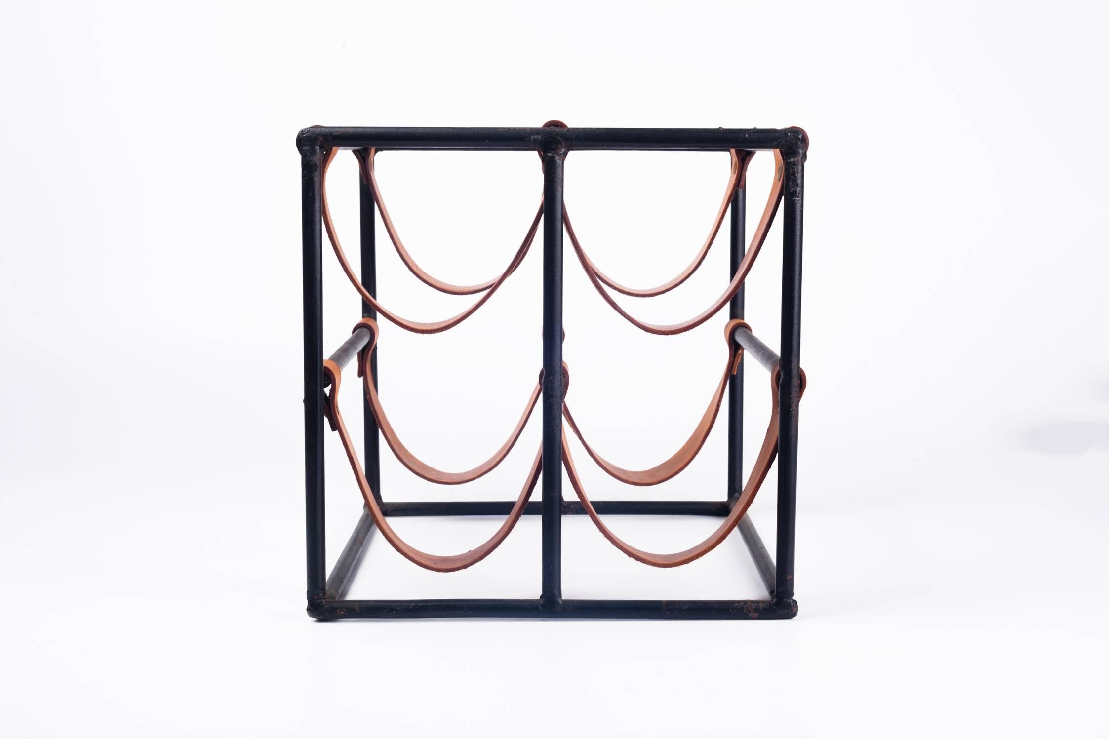 Vintage Wine Rack by Arthur Umanoff for Raymor in Leather Straps and Iron, 1950s In Good Condition In Chicago, IL