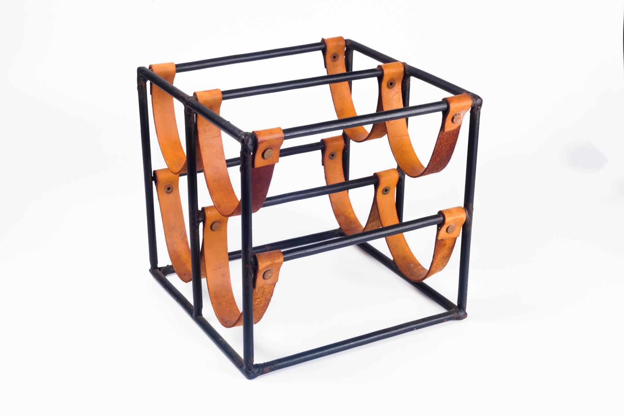 Mid-20th Century Vintage Wine Rack by Arthur Umanoff for Raymor in Leather Straps and Iron, 1950s