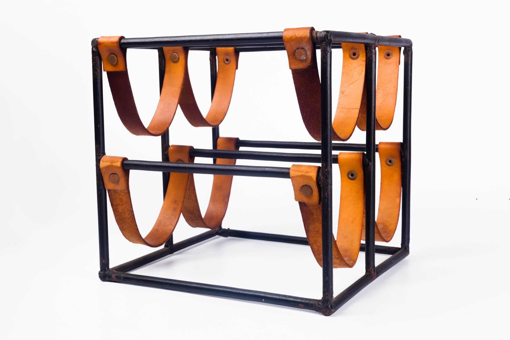 Adirondack Vintage Wine Rack by Arthur Umanoff for Raymor in Leather Straps and Iron, 1950s
