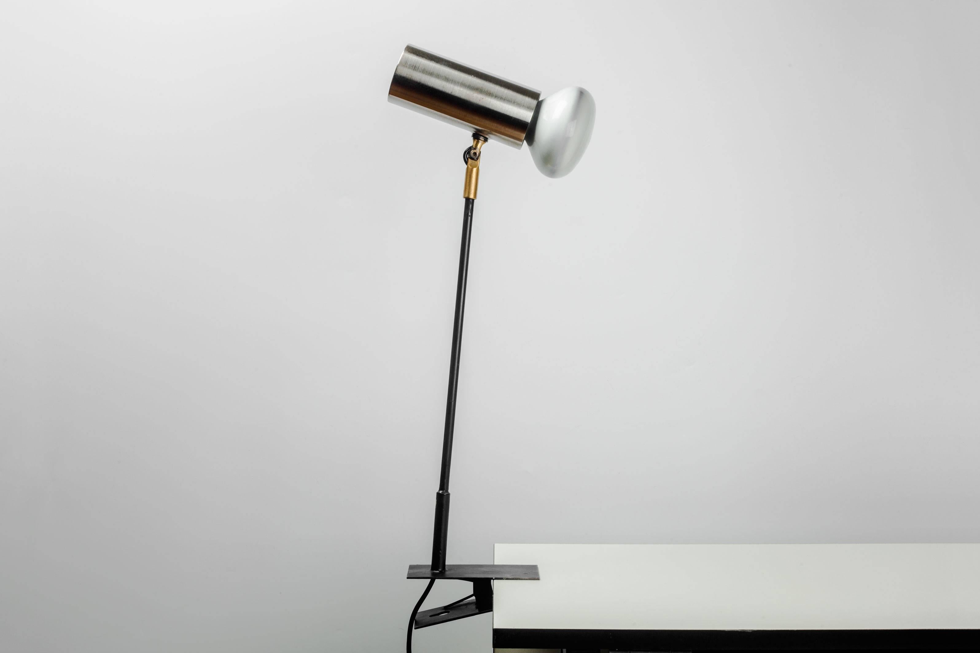 Bauhaus French Desk Lamp in Brushed Aluminum with Clamp, 1950s