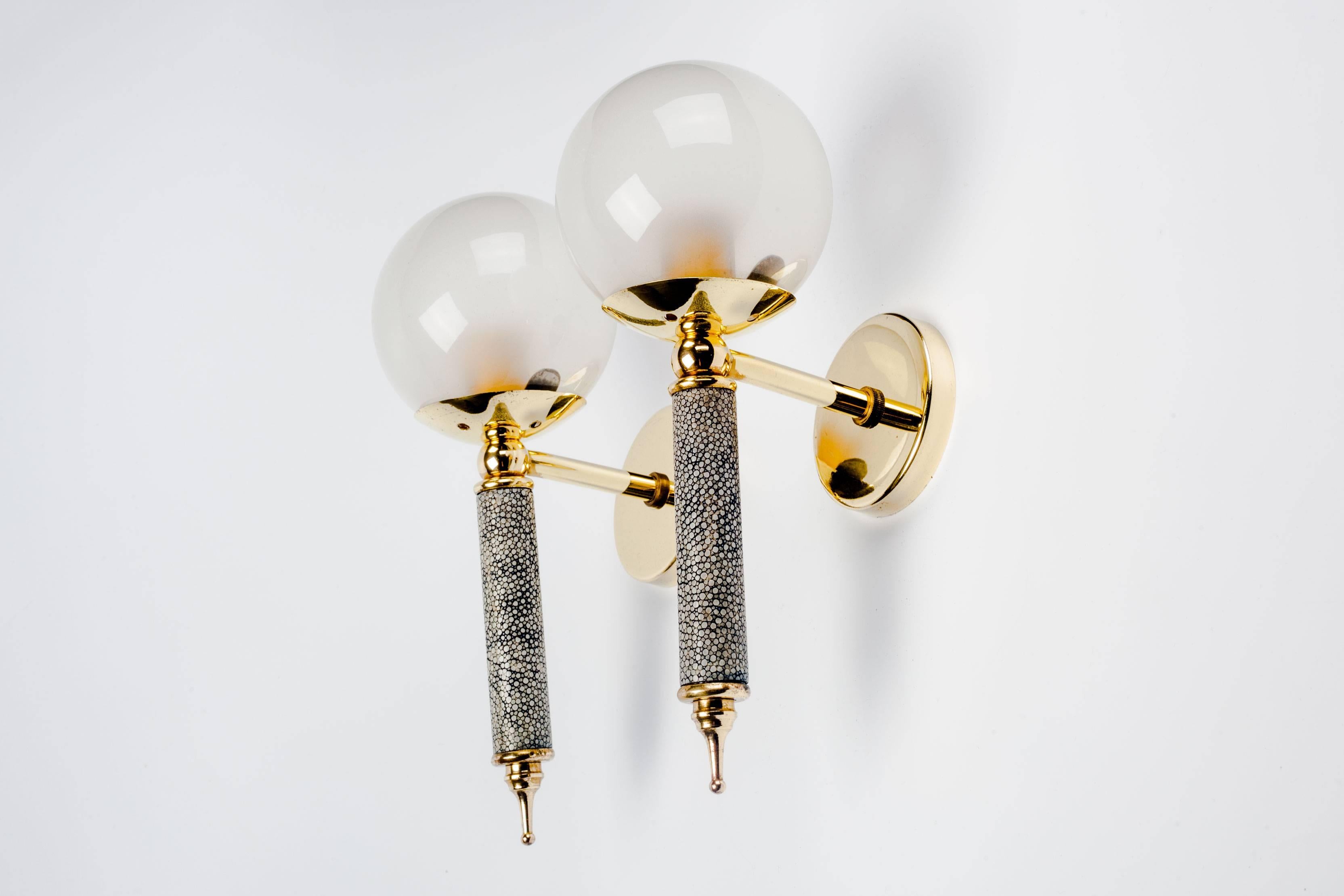 French Shagreen Sconces in Glass and Brass, 1950s In Good Condition In Chicago, IL