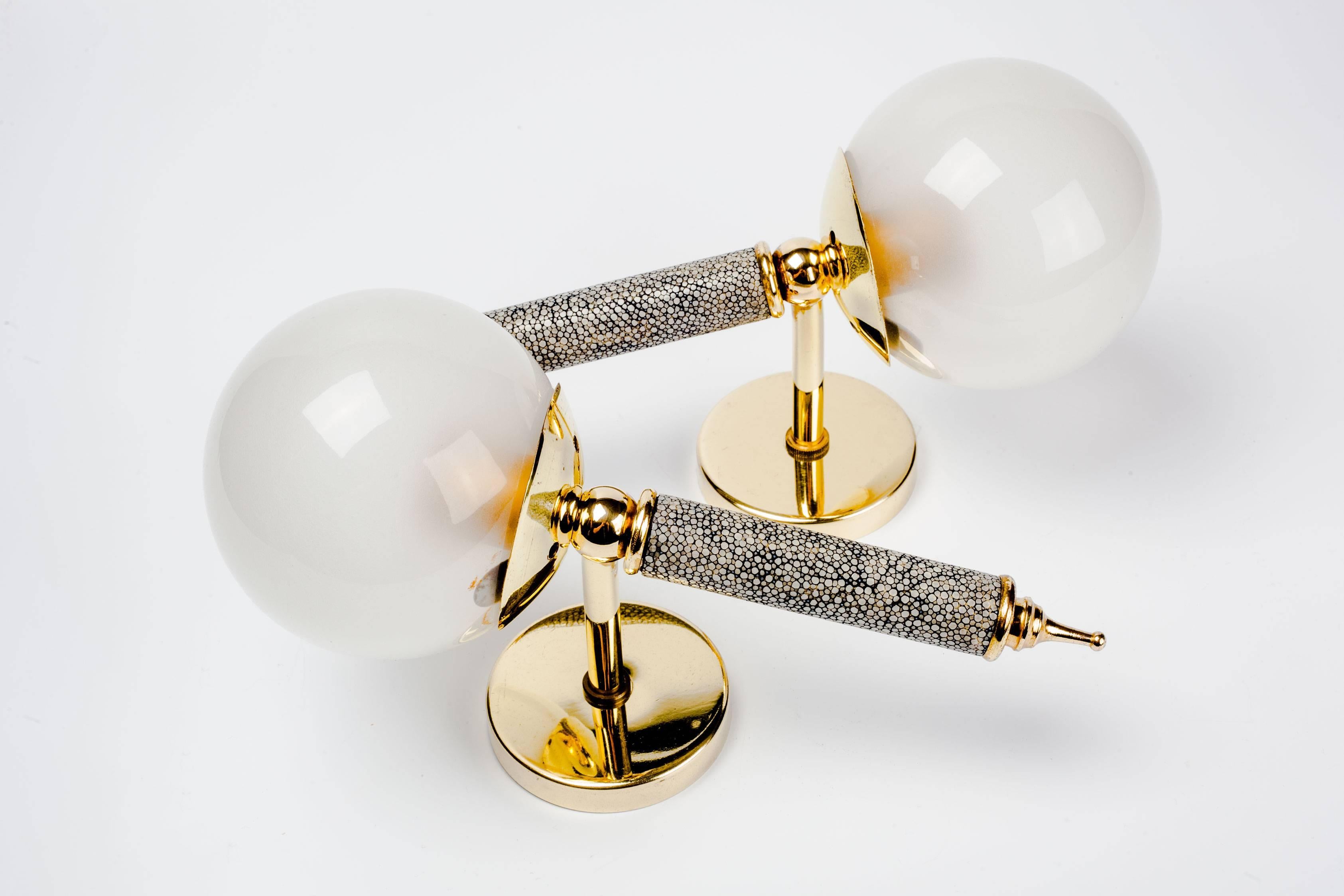 Mid-20th Century French Shagreen Sconces in Glass and Brass, 1950s