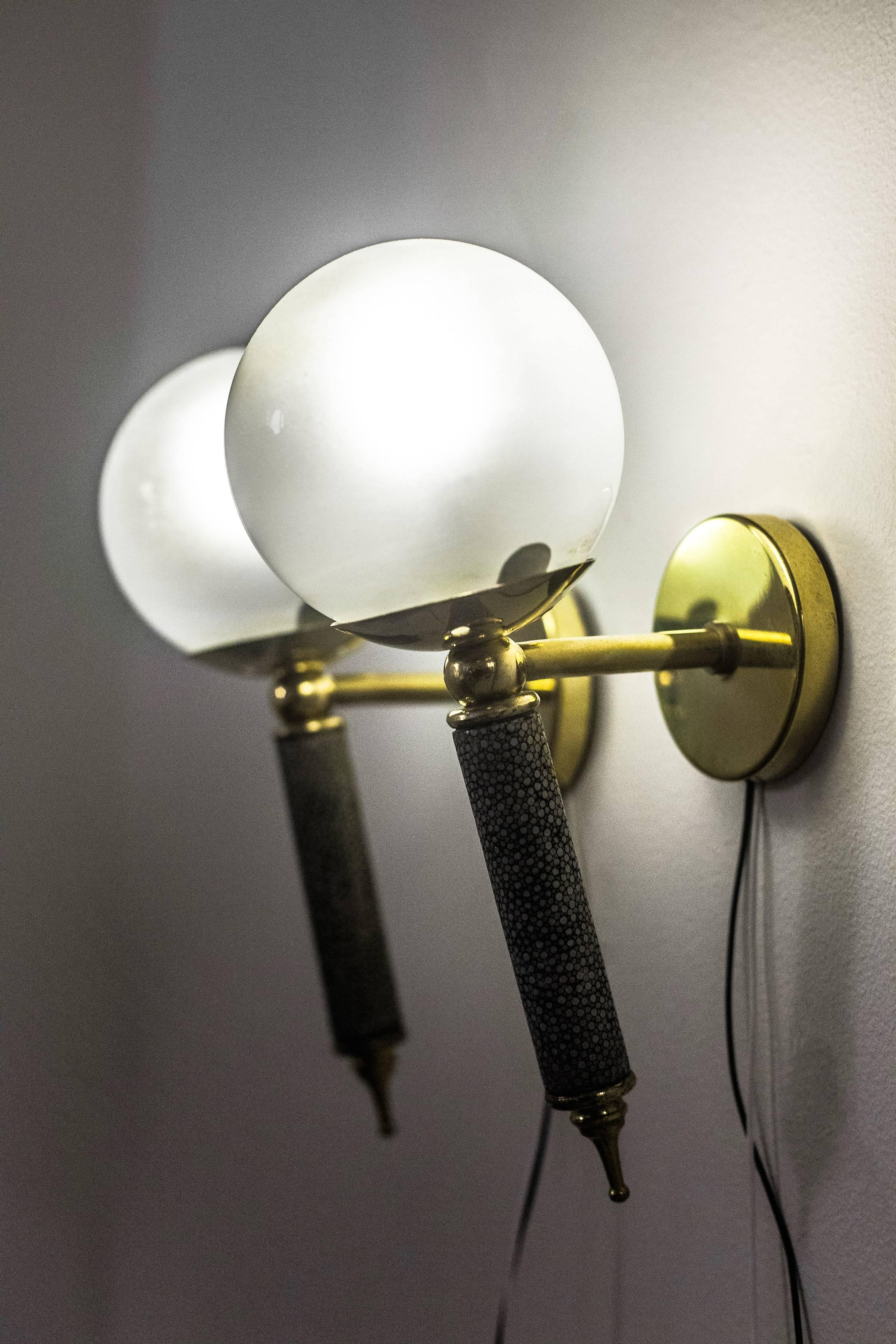 French Shagreen Sconces in Glass and Brass, 1950s 2