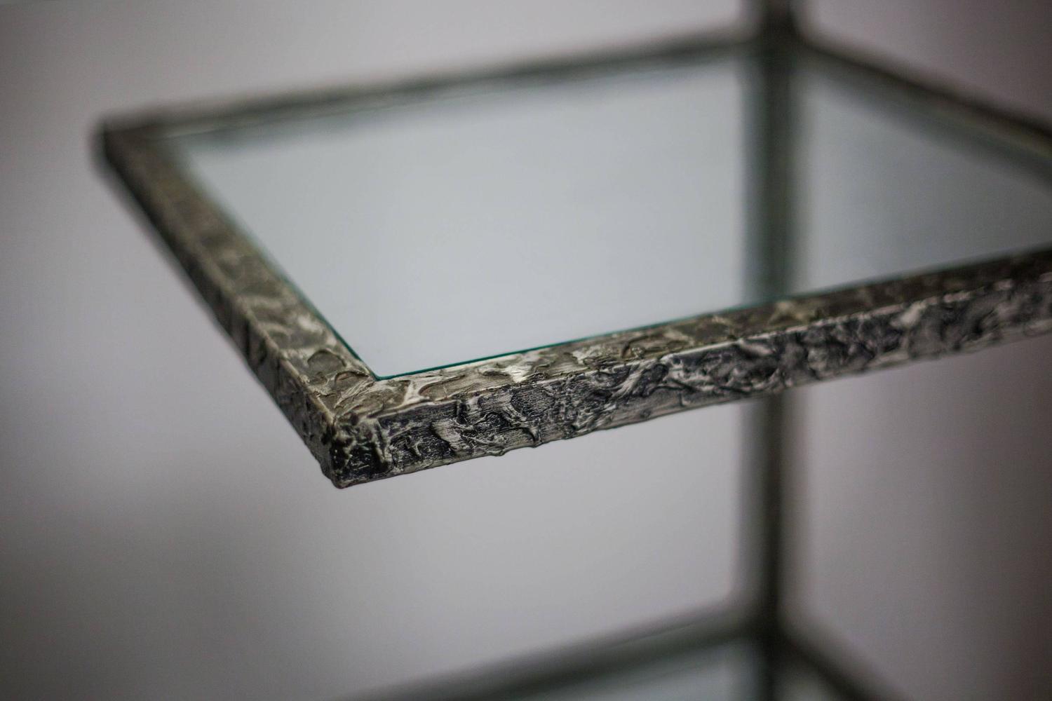 Gallery Detail: Etagère Shelving In Glass And Torched Textured Metal With Lamp