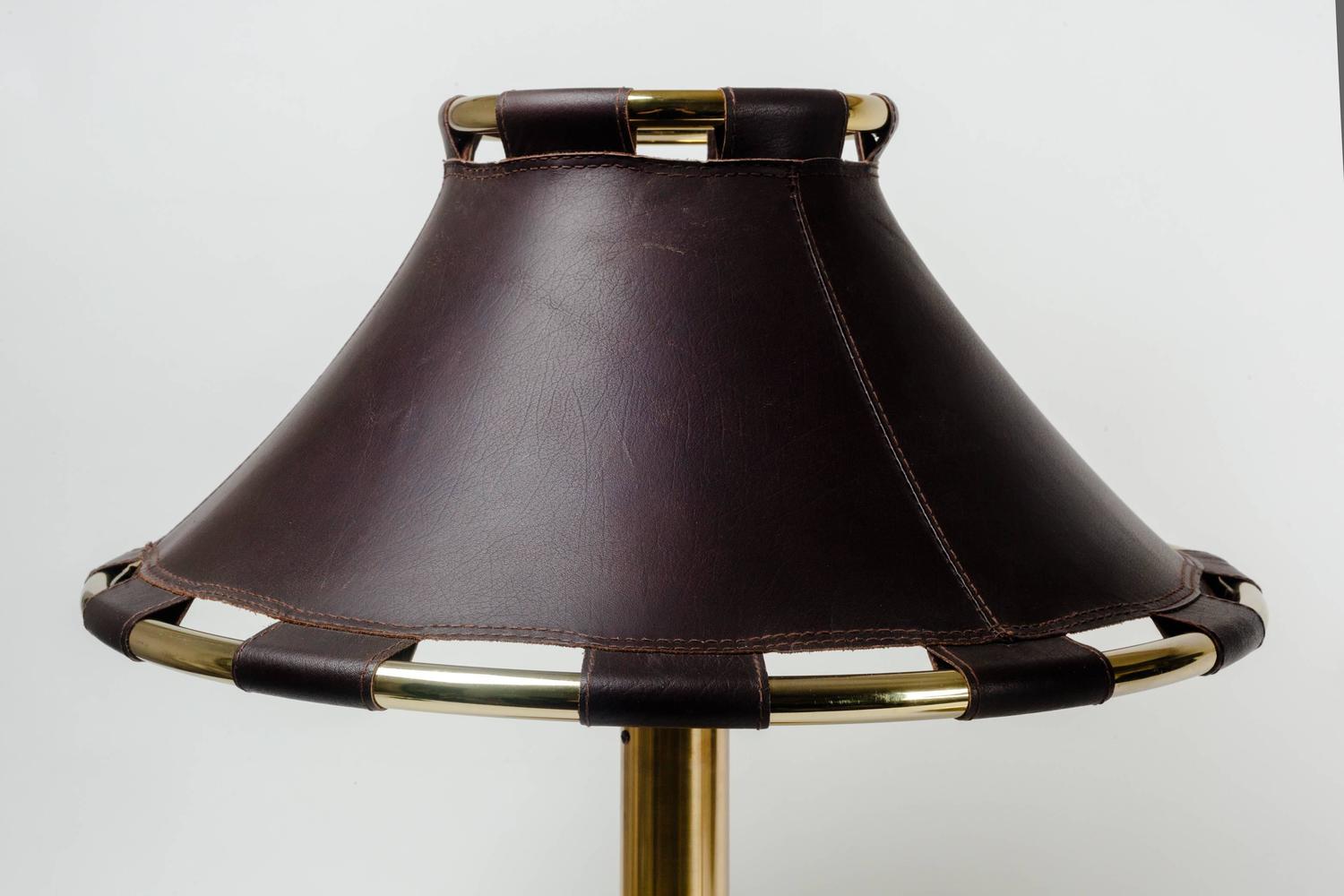Pair of Large Swedish Lamps in Brass and Dark Brown Leather Shades For