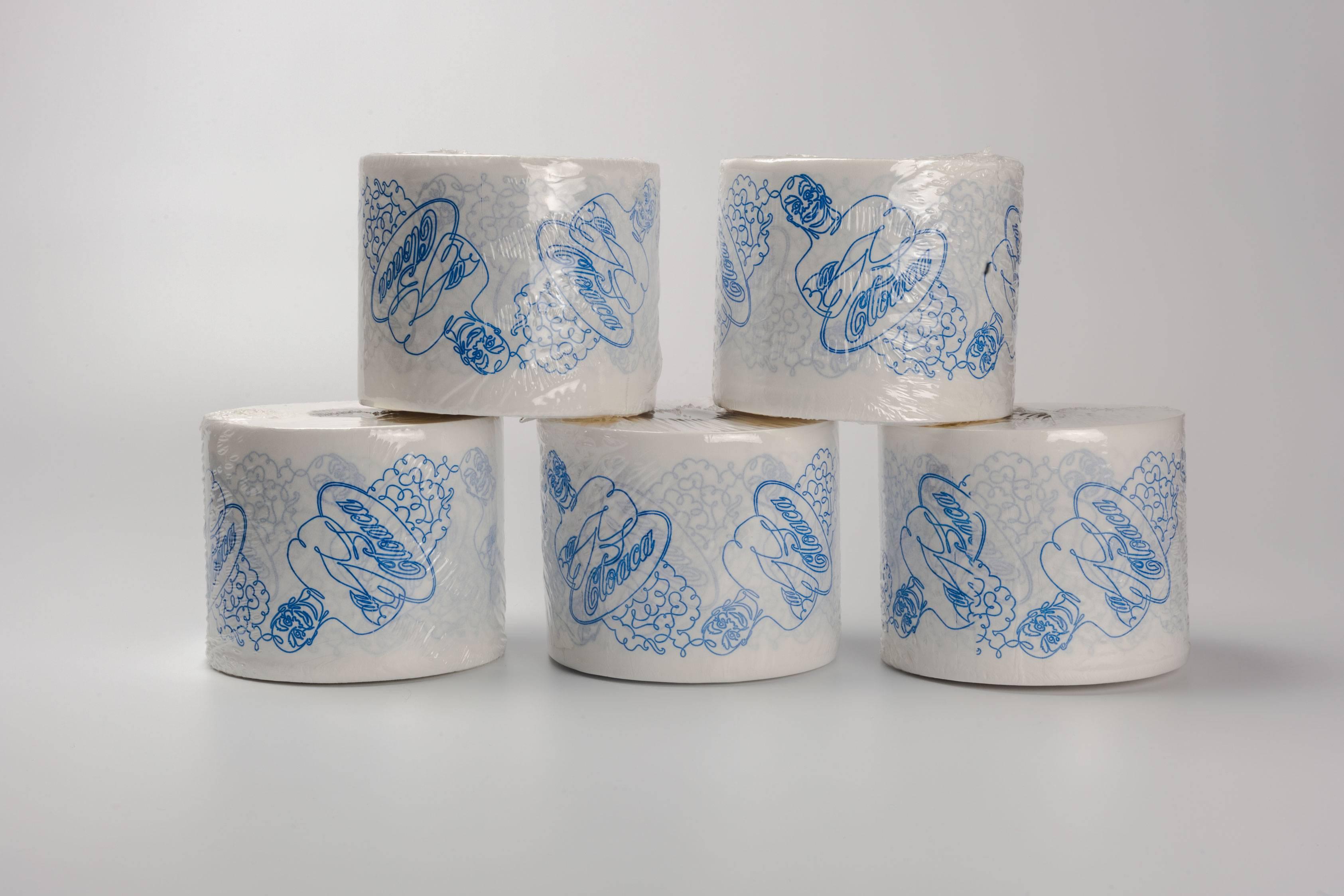 The Super Cloaca toilet paper rolls by Wim Delvoye were produced for the retrospective exhibition and world premiere of Super Cloaca at Mudam Luxembourg in 2007 and sold only during the exhibition at the Wim Shop. Rolls are white toilet paper with