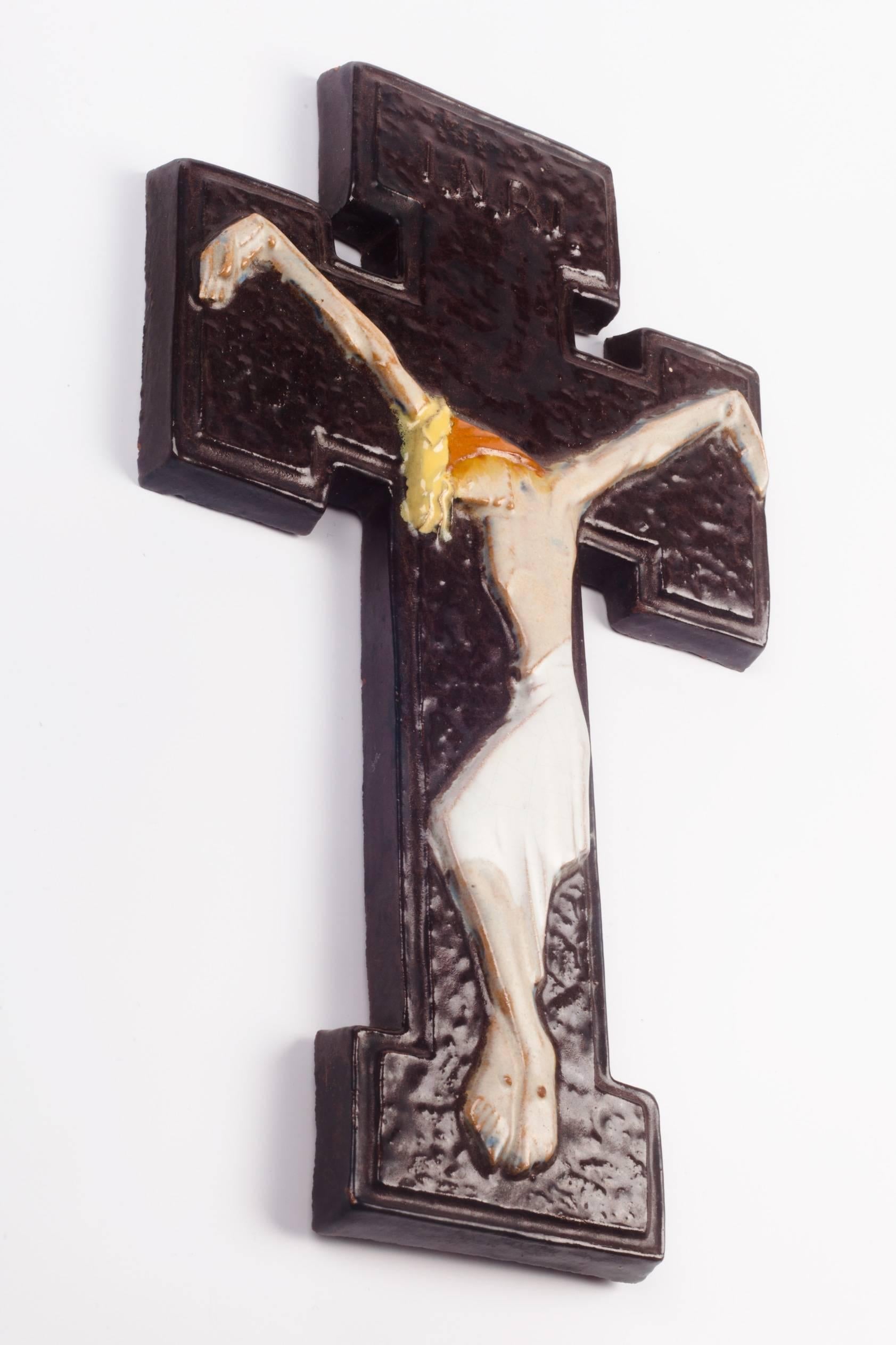 Art Deco Wall Crucifix in Ceramic, Hand-Painted, Orange, Brown, Made in Belgium, 1970s