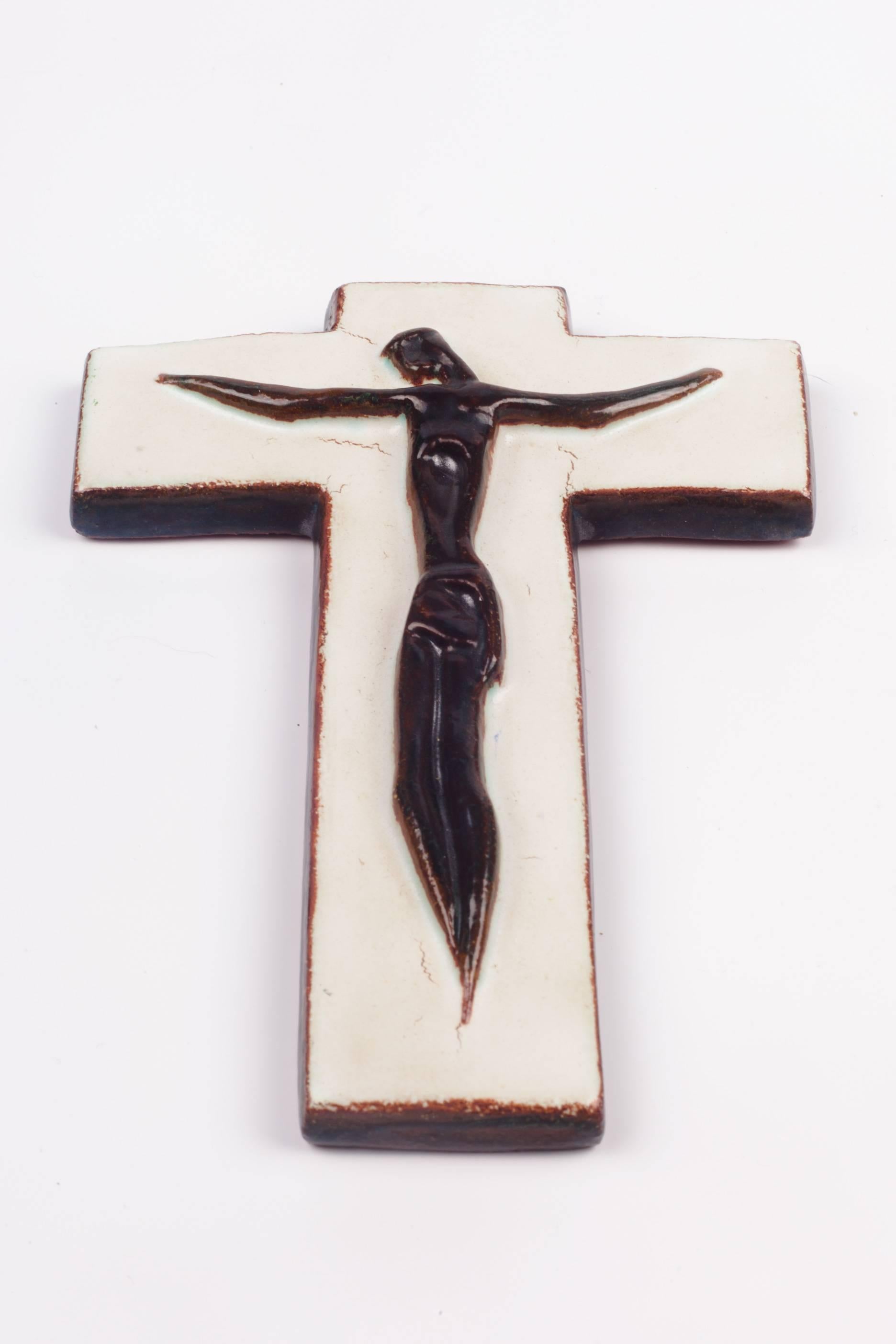 Belgian Wall Crucifix, Ceramic, Hand-Painted, White, Brown, Made in Belgium, 1950s