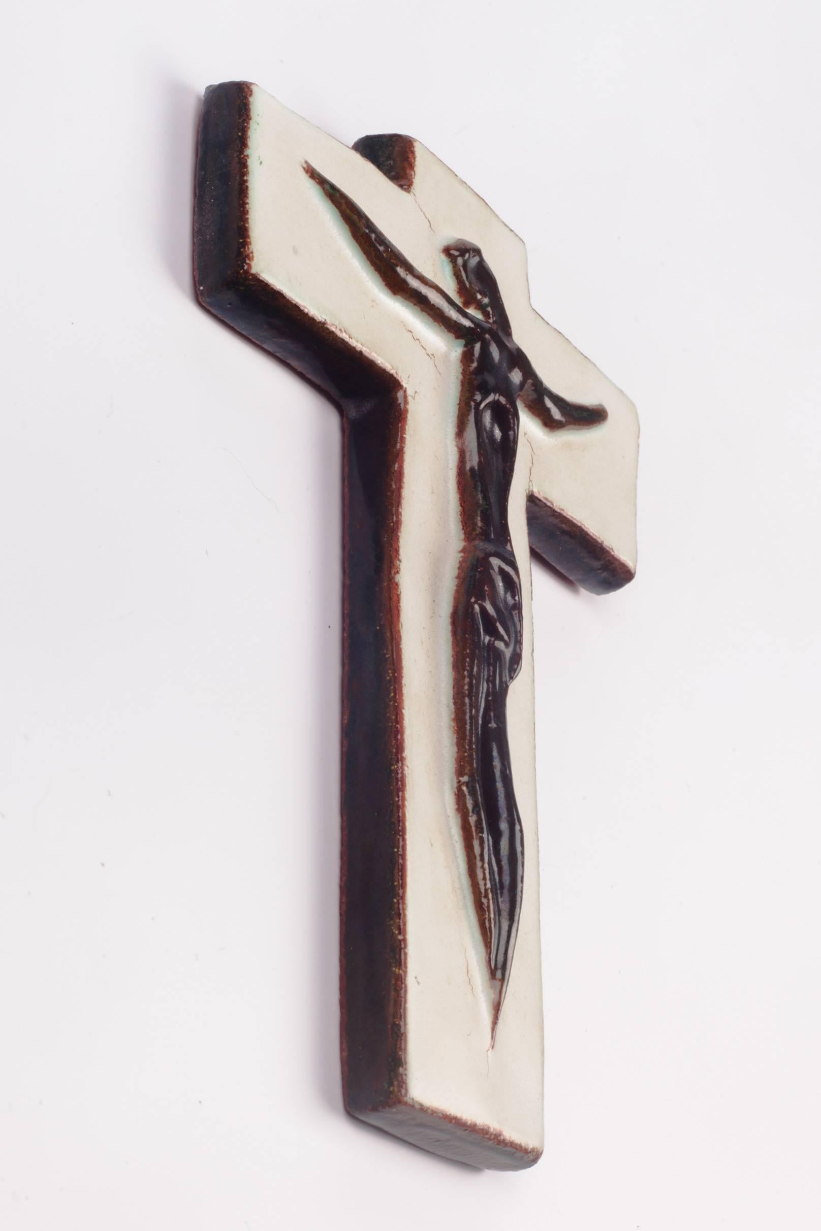 Folk Art Wall Crucifix, Ceramic, Hand-Painted, White, Brown, Made in Belgium, 1950s