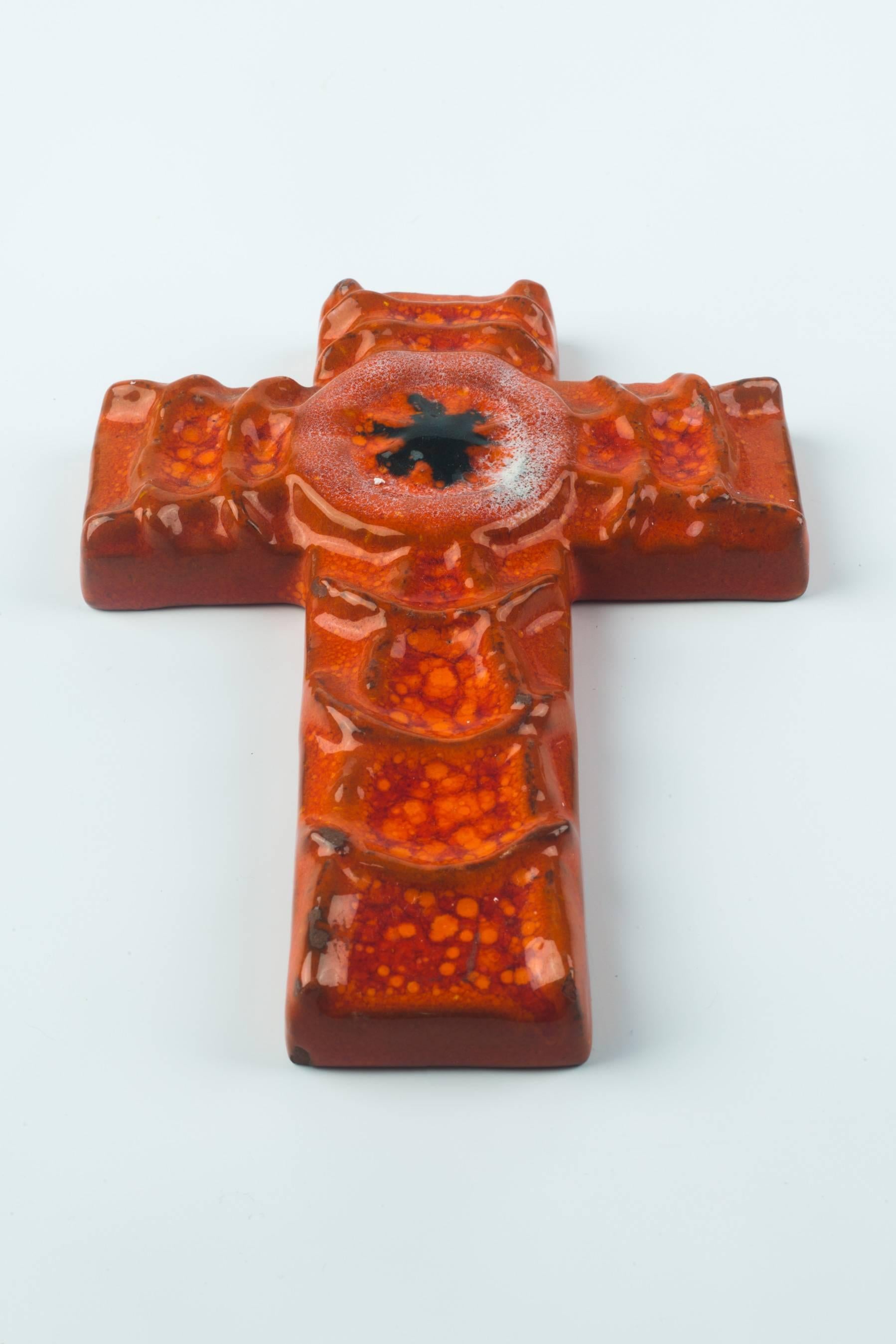 Belgian Wall Cross in Ceramic, Orange, Black, Handmade in Belgium, 1970s For Sale