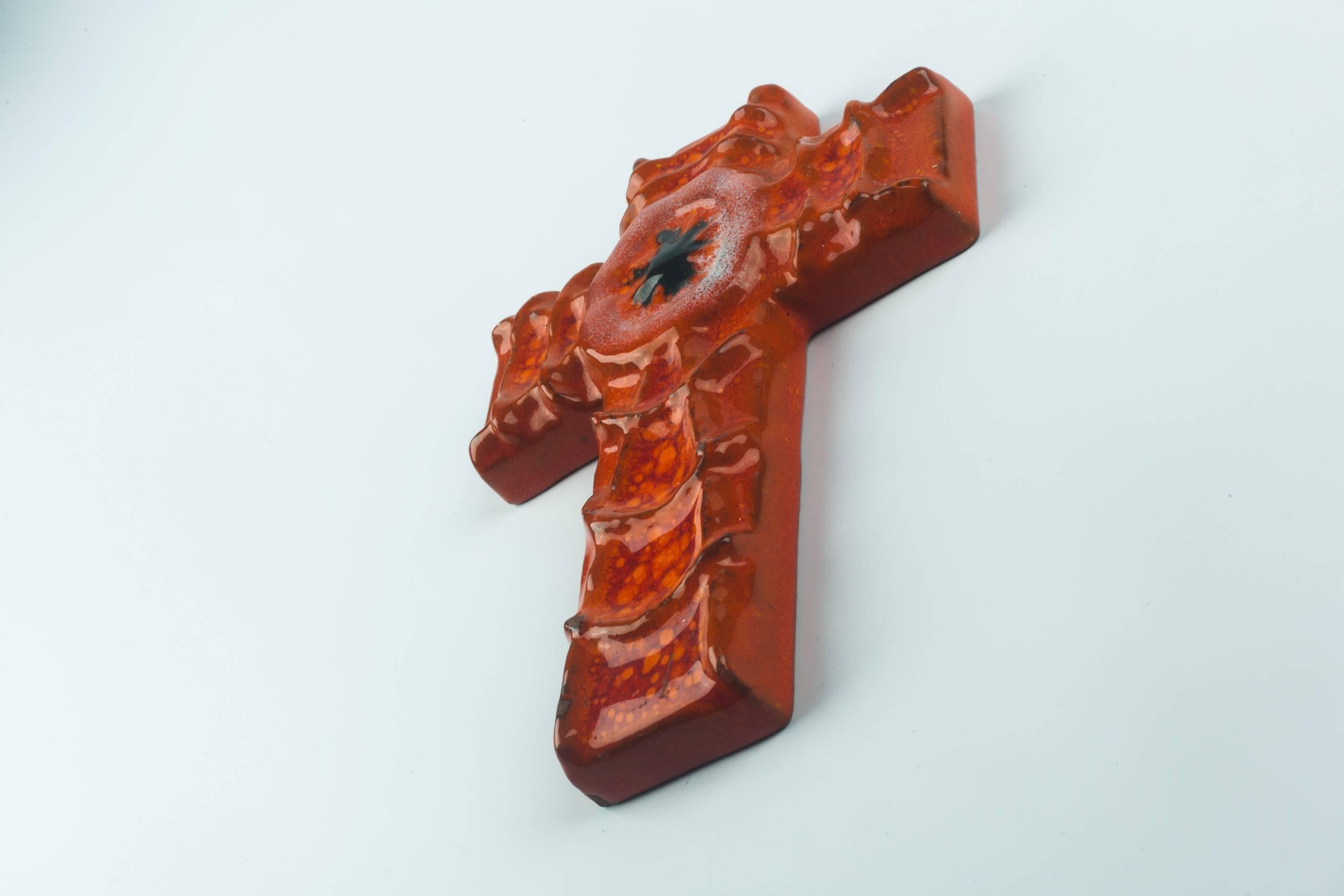 Post-Modern Wall Cross in Ceramic, Orange, Black, Handmade in Belgium, 1970s For Sale