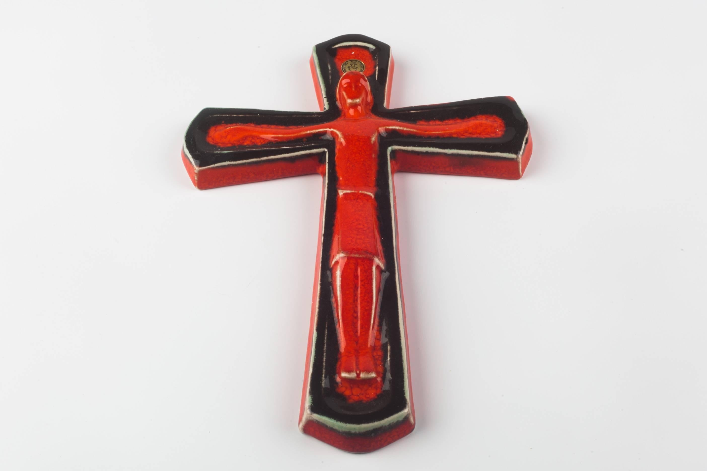 Belgian Wall Cross in Ceramic, Orange, Black, Handmade in Belgium, 1970s