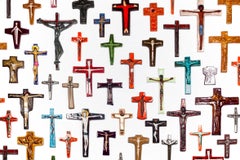 Wall Cross, Orange, Painted Ceramic, Handmade in Belgium, 1960s