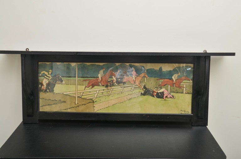 French visual artist aka Charles Edmund Hermet, known for his scenes of hunting hounds & horses and other modes of transportation. Lithograph set into painted wood shelf unit. Lithograph features 5 Steeplechase Riders jumping over a split rail and