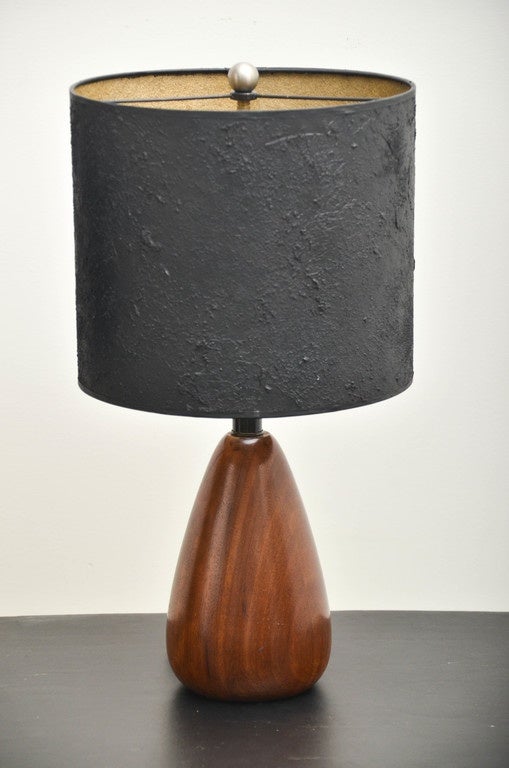 Pair of Mid-Century Walnut Teardrop Shape Table Lamps with textured shades.