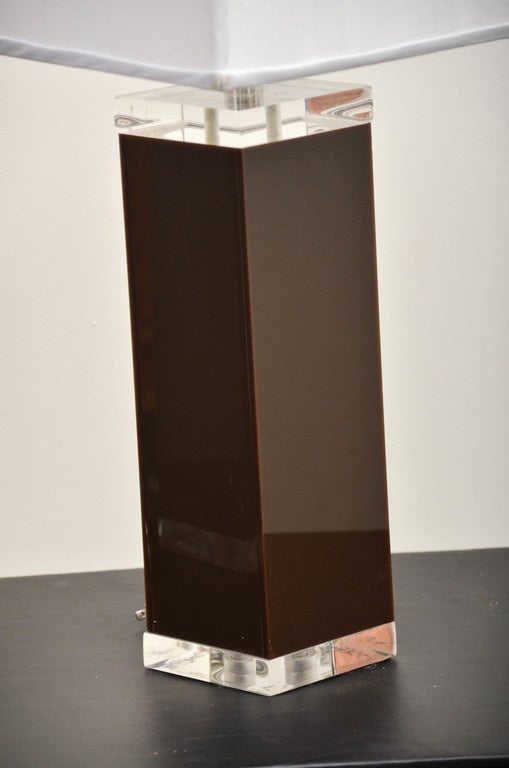 Midcentury Pair of Brown Lucite Square Column Table Lamps