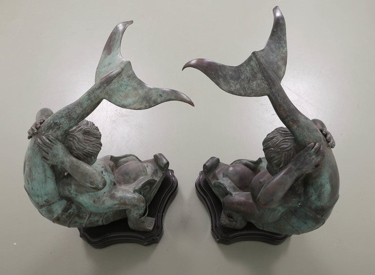 Pair of Bronze Putti on Dolphin Garden Statues For Sale 1