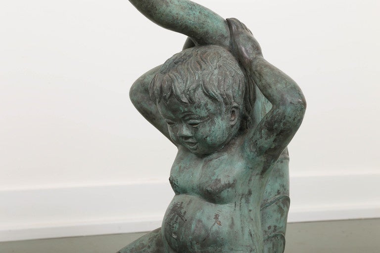 Pair of Bronze Putti on Dolphin Garden Statues For Sale 4