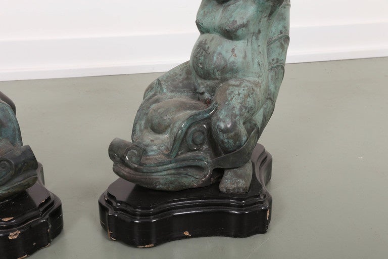 Pair of Bronze Putti on Dolphin Garden Statues For Sale 5