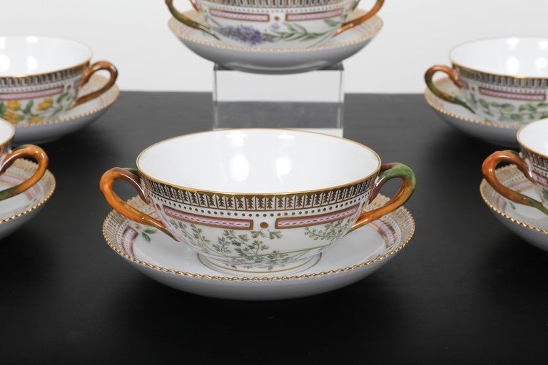 Set of 10 Royal Copenhagen Flora Danica Cream Soup Cups and Saucers