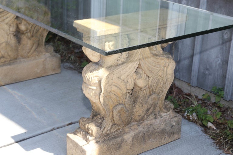 American Winged Griffin Cast Stone Pedestal Dining Table with Glass Top