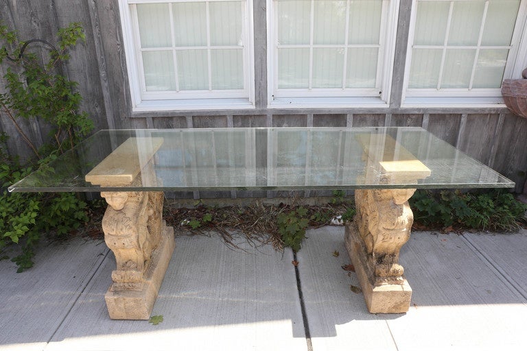 Winged Griffin Cast Stone Pedestal Dining Table with Glass Top 1