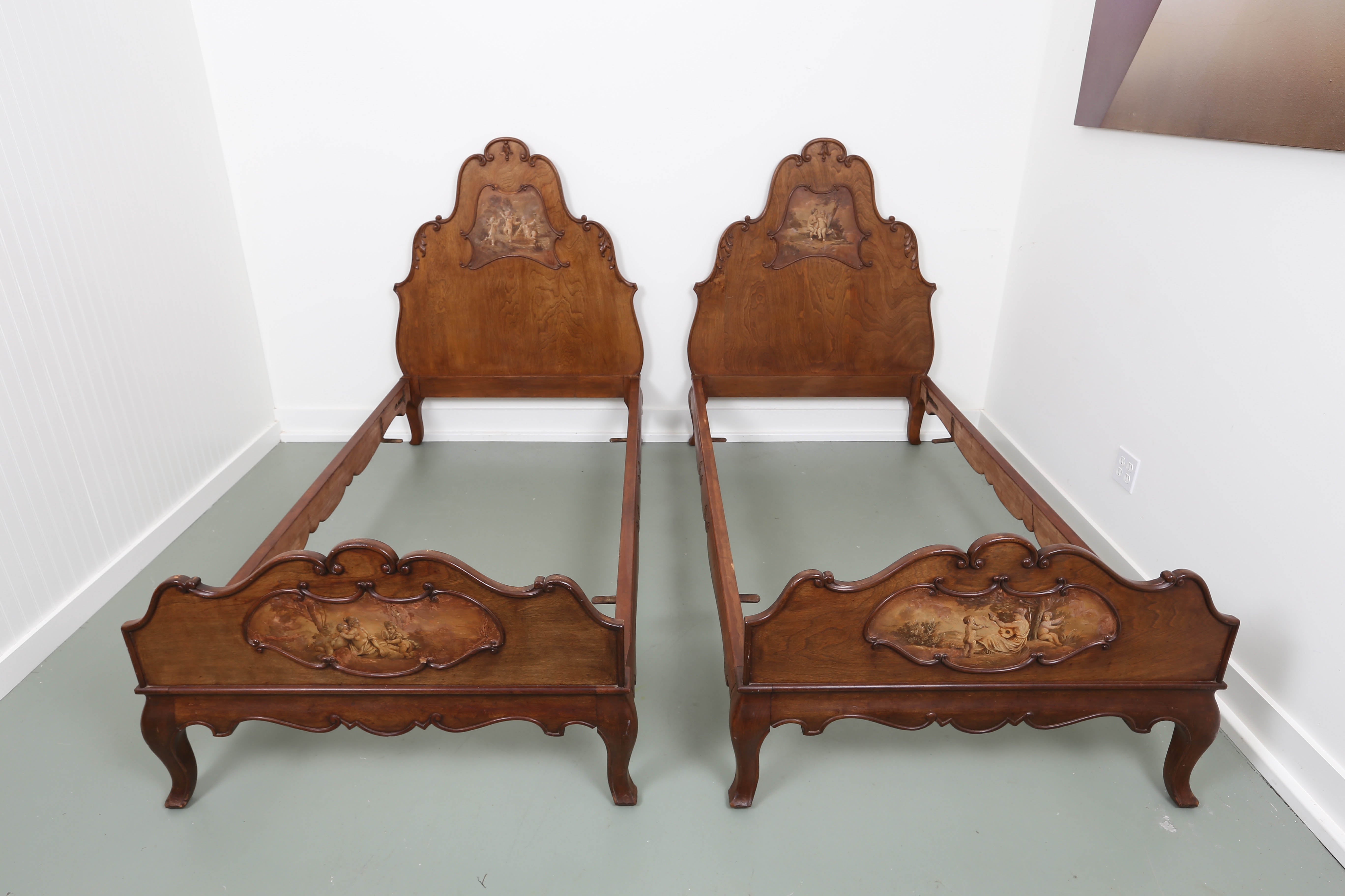 Pair of French Walnut Twin Beds with Cherub Paintings