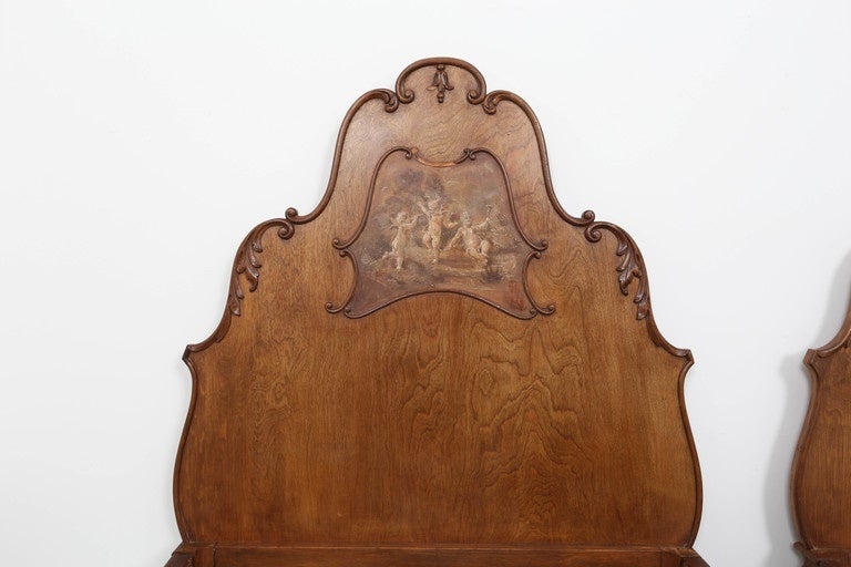 Louis XVI Pair of French Walnut Twin Beds with Cherub Paintings