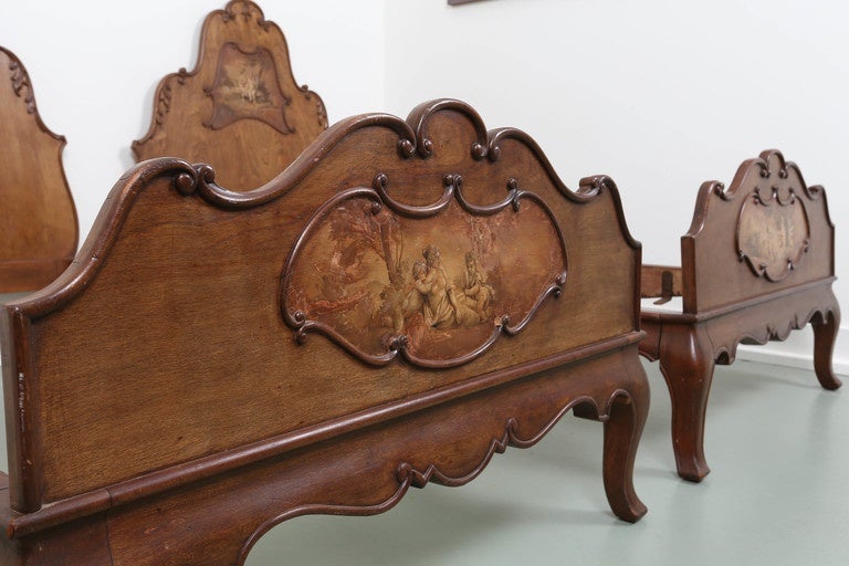 20th Century Pair of French Walnut Twin Beds with Cherub Paintings