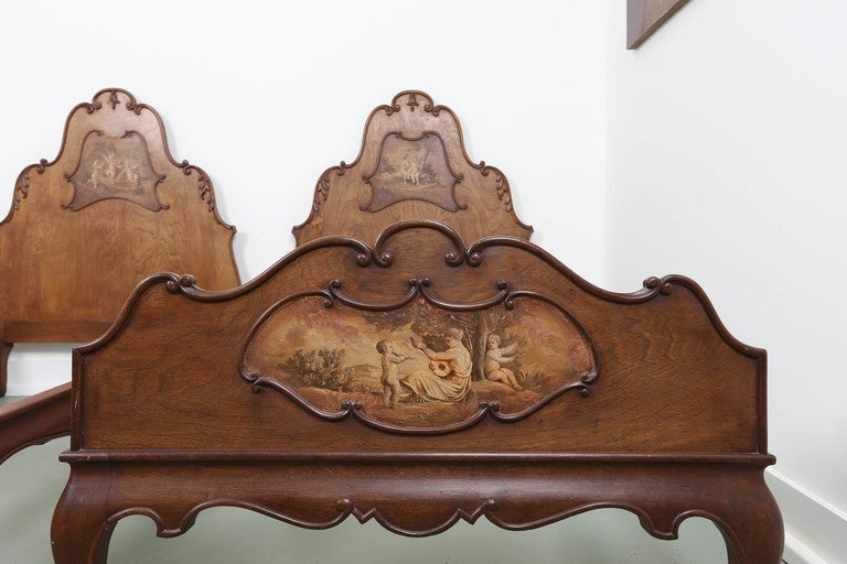 Pair of French Walnut Twin Beds with Cherub Paintings 1