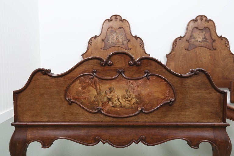 Pair of French Walnut Twin Beds with Cherub Paintings 2
