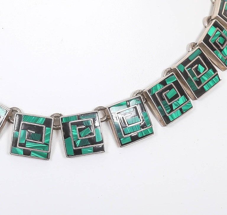 Midcentury Mexican sterling collar featuring lapis and malachite, debuts with original patina. Necklace is 15