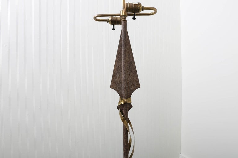 American  Gilbert Poillerat Style Parchment & Brass Arrow Floor Lamp by Hart Asso. For Sale