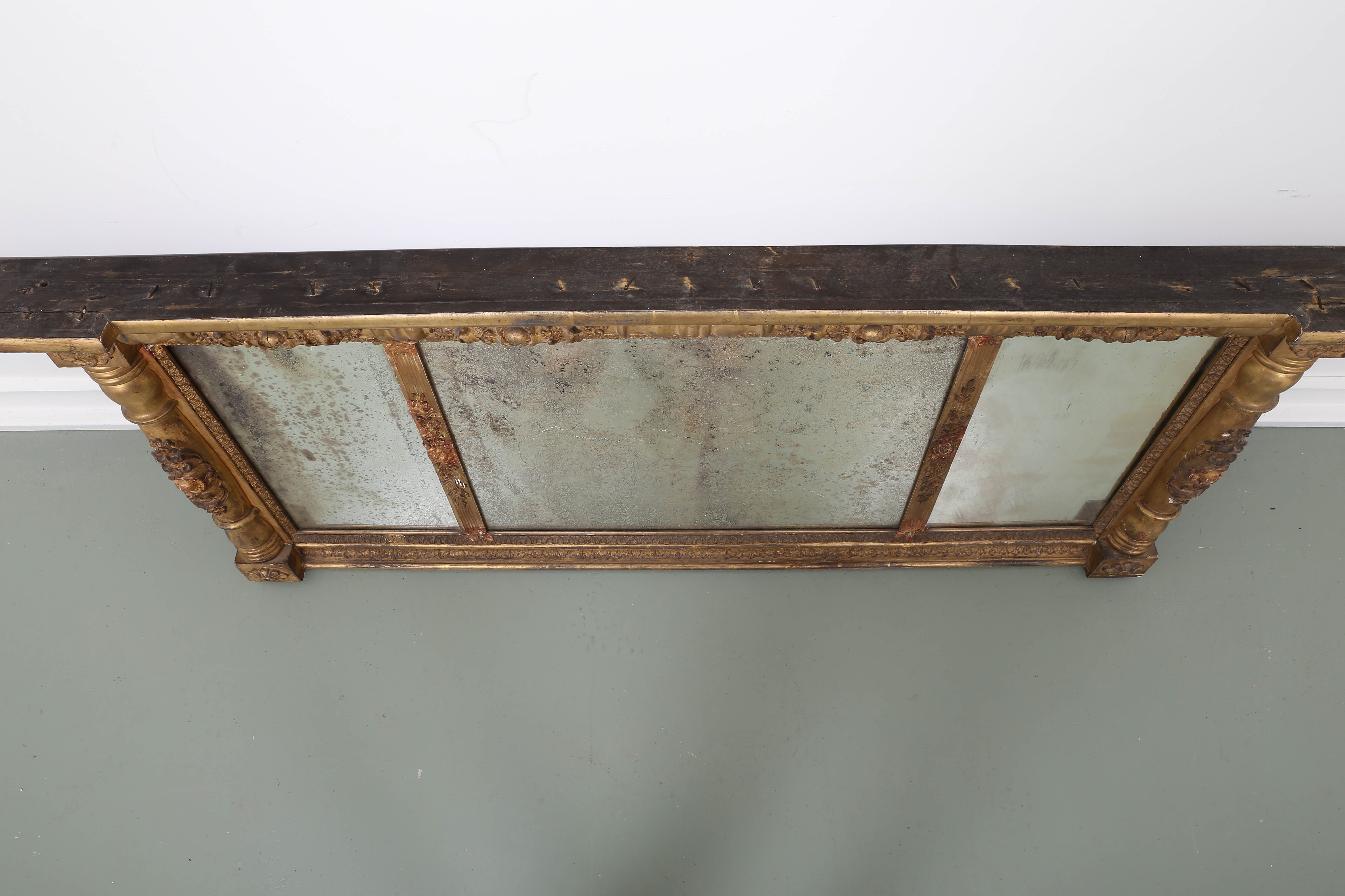 Overmantel Federal Gilt Gesso Mirror/Three Parts with Acorn Drops In Fair Condition In Southampton, NY