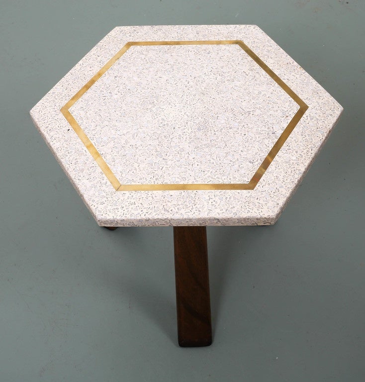 American Hexagonal Terrazzo with Brass Inlaid Side Table by Harvey Probber