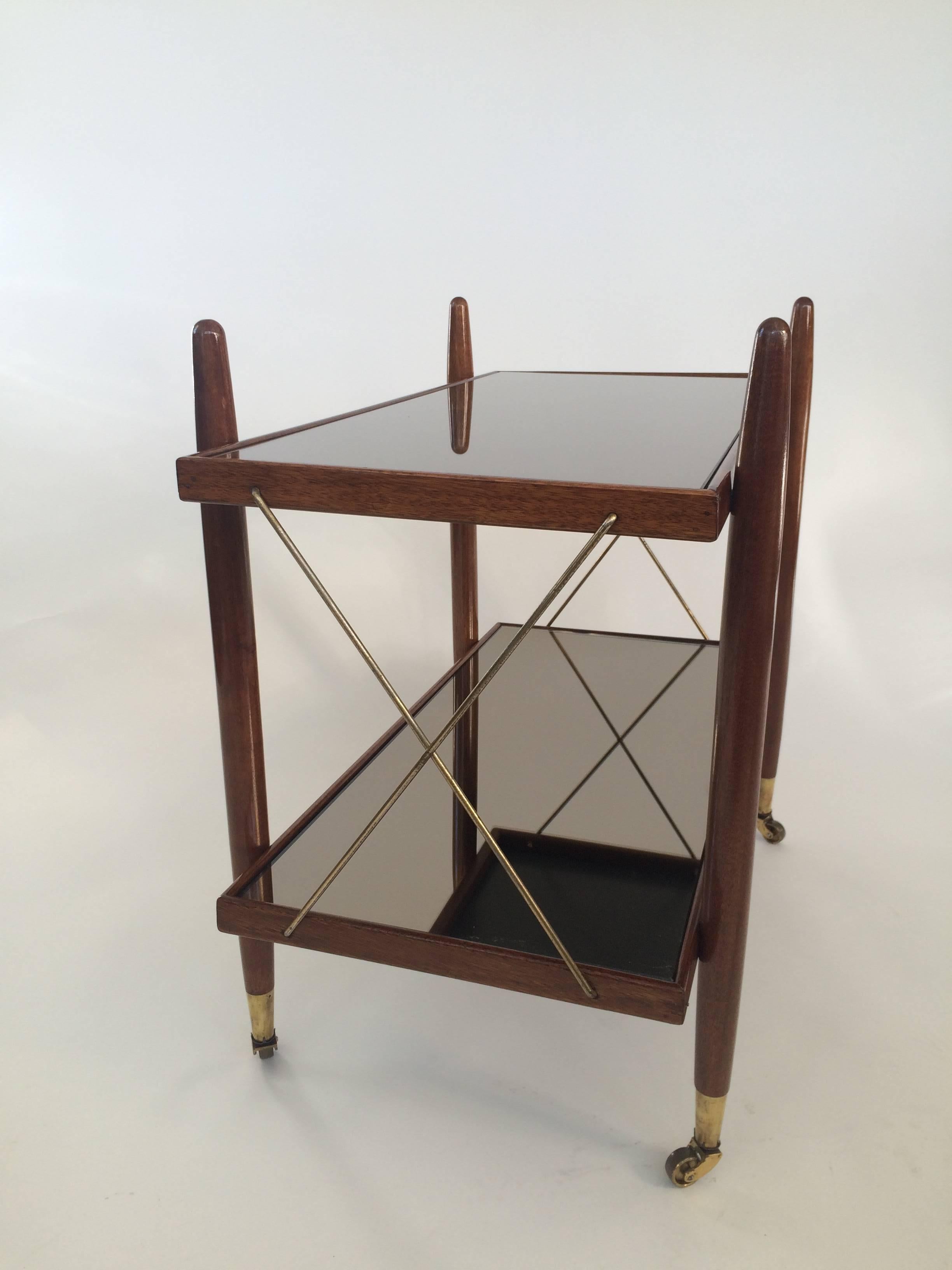 Mid-Century Wood Brass Mirror Bar Cart by FURNISH Inc. In Good Condition In New Hyde Park, NY