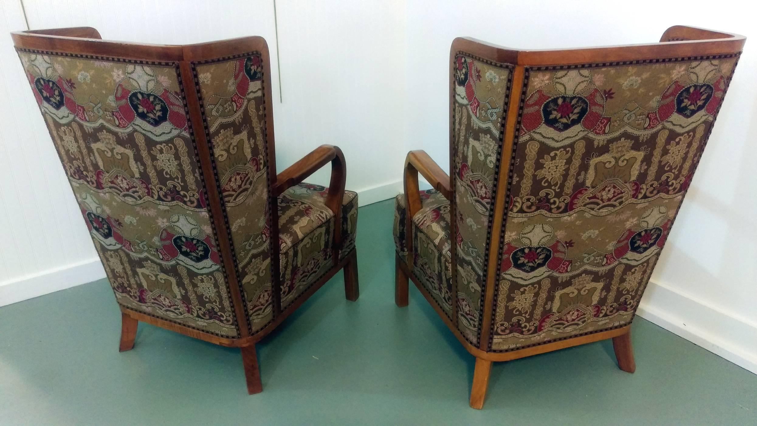 Pair of Unusual Wingback Lounge Chairs, Attributed to Jules Leleu In Good Condition In Southampton, NY