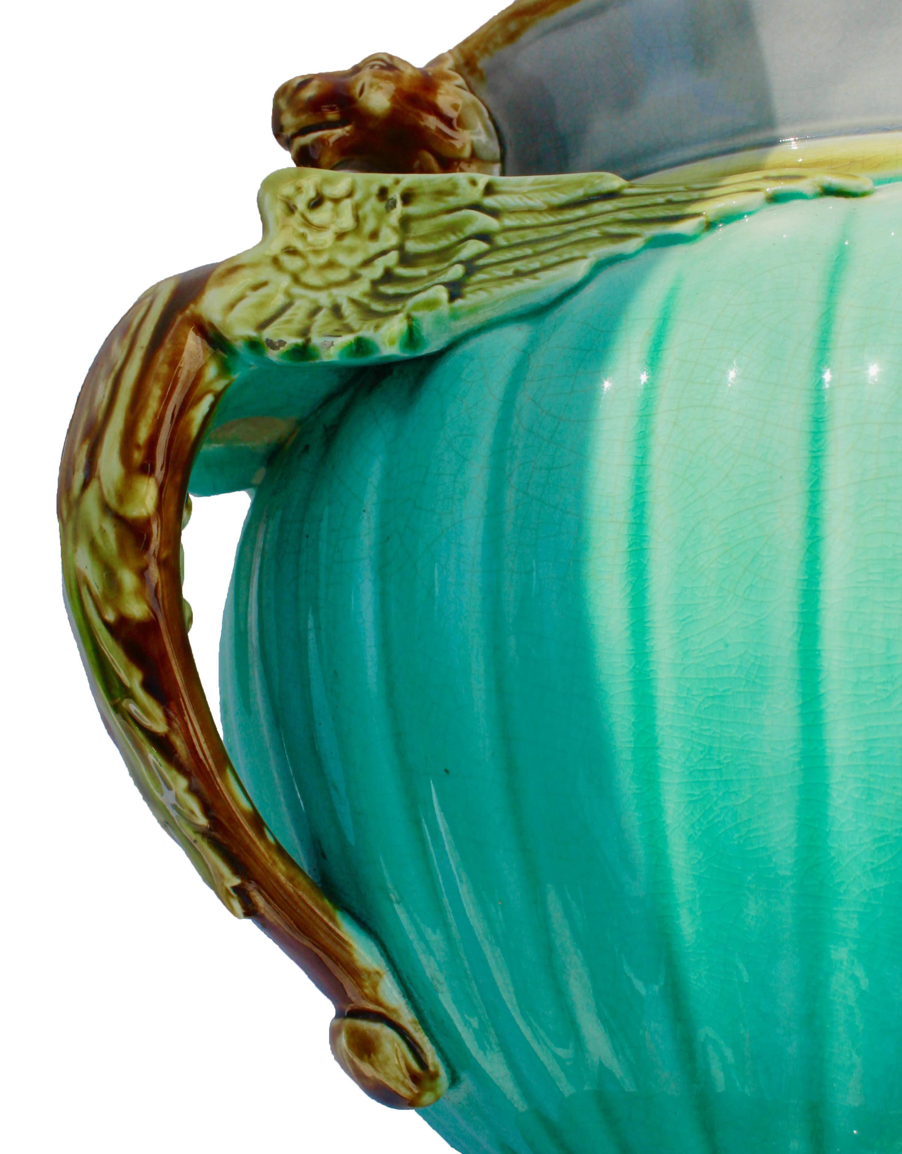 Art Nouveau Majolica Glazed Jardiniere with Flying Dragon Handles, circa 1920 2